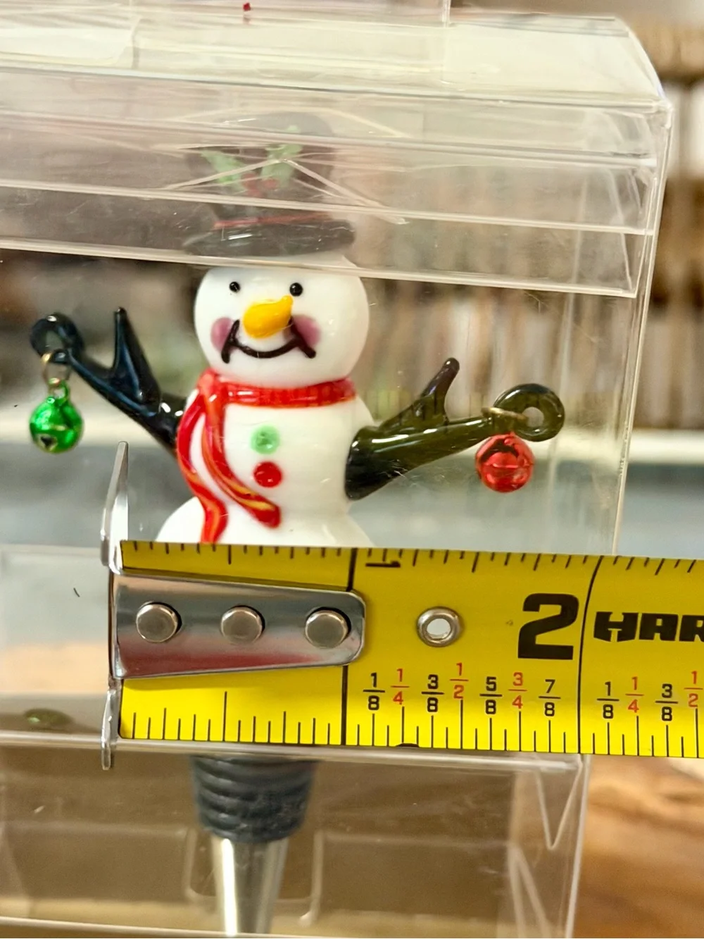 Pier 1 White Snowman and Jingle Bells Bottle Stopper, Handblown glass